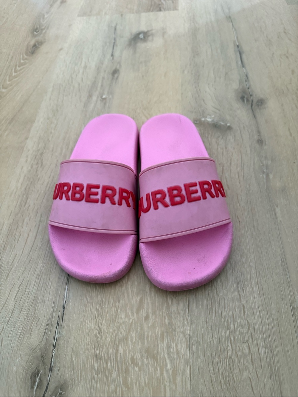Burberry Pink Slides with Red Logo Strap